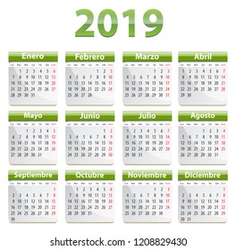 Green calendar for 2019 year in Spanish language. Vector illustration
