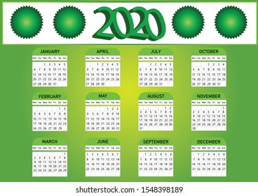 Green calendar 2020. vector illustration