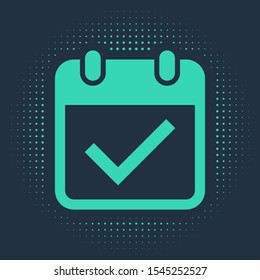 Green Calendar with check mark icon isolated on blue background. Abstract circle random dots. Vector Illustration