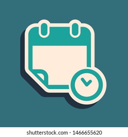 Green Calendar and clock icon isolated on blue background. Schedule, appointment, organizer, timesheet, time management, important date. Long shadow style. Vector Illustration