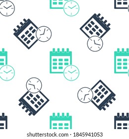 Green Calendar and clock icon isolated seamless pattern on white background. Schedule, appointment, organizer, timesheet, time management, important date. Vector.