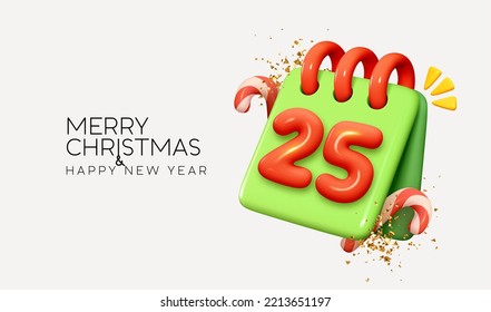 Green Calendar with December 25 date, Christmas candies and golden confetti. Christmas and New Year background. Bright Xmas holiday composition. Realistic 3d cartoon style design. Vector illustration