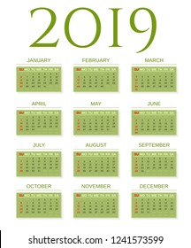 Green calendar grid 2019. Week starts on Sunday. Vector illustration