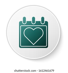 Green Calendar with heart icon isolated on white background. Valentines day. Love symbol. February 14. White circle button. Vector Illustration