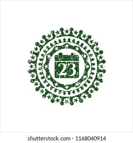 Green calendar icon inside distressed rubber grunge seal