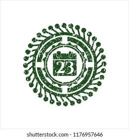 Green calendar icon inside distressed grunge style stamp