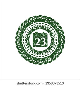 Green calendar icon inside distressed rubber seal with grunge texture