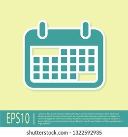 Green Calendar icon isolated on yellow background. Flat design. Vector Illustration