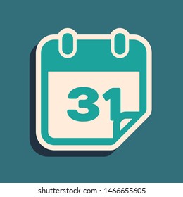 Green Calendar icon isolated on blue background. Long shadow style. Vector Illustration