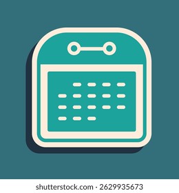 Green Calendar icon isolated on green background. Event reminder symbol. Long shadow style. Vector