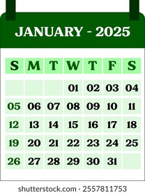 Green Calendar for January 2025 with Different mark for sunday