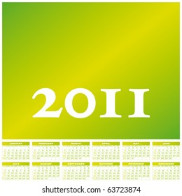 Green Calendar for year 2011, in vector format. Week starts on Sunday.