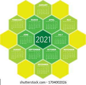 Grüner Kalender für das Jahr 2021 in einem sechseckigen Muster. Im Vektorillustration-Format.