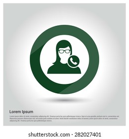 Green Call to User Icon, Circle Long shadow pictogram icon on gray background.