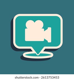 Green Camera and location pin icon isolated on green background. Long shadow style. Vector