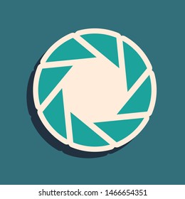 Green Camera shutter icon isolated on blue background. Long shadow style. Vector Illustration