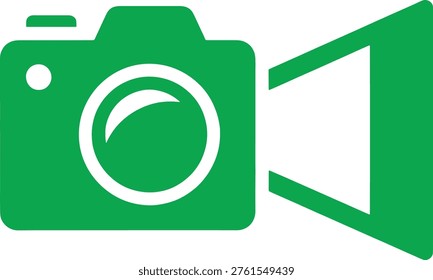 Green camera with a white swirl inside and a lens on the right side