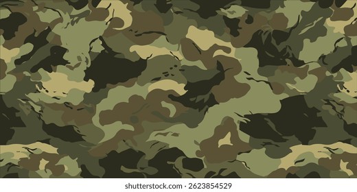 Green camo print background pattern in aesthetic design. Camouflage pattern background design with copy space. Camo pattern background for wallpaper or backdrop. Camouflage print background.