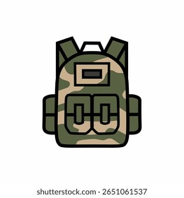 
Green camouflage backpack, military or outdoor gear.