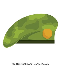 Boina de camuflagem verde com insígnia de hexágono laranja representando serviço militar, honra e dever