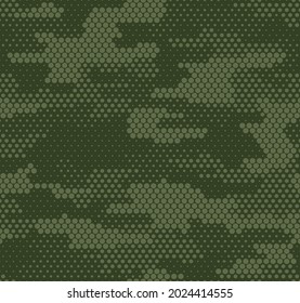 Green camouflage digital background, pattern repeat, fashionable clothing fabric. Modern print.