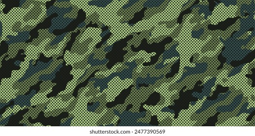 Green camouflage military pattern, seamless pattern with grid. Vector camouflage pattern for clothing design.	