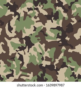 Green camouflage pattern background. Seamless green camouflage. Classic green army clothing style. Forest masking camo. Green brown black olive colors military texture. Vector. 