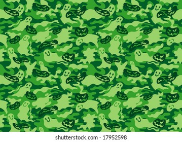 A green Camouflage pattern featuring Halloween elements, can be tile or duplicate and repeat.