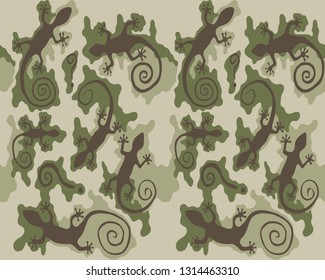 Green camouflage pattern with lizard silhouettes.Trendy seamless wallpaper.Gecko army design.Vector illustration.