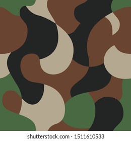Green camouflage pattern. Seamless background.  Classic army clothing style. Forest masking camo. Green brown black olive colors military texture. Vector.
