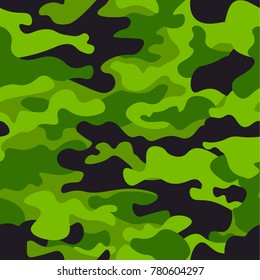 Green camouflage seamless pattern background. Classic clothing style masking camo repeat print. Green, lime, black olive colors forest texture. Design element. Vector illustration