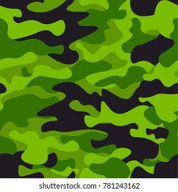 Green camouflage seamless pattern background. Classic clothing style masking camo repeat print. Green, lime, black olive colors forest texture. Design element. Vector illustration