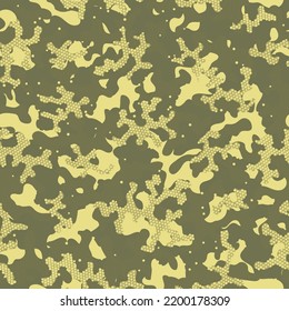 Green Camouflage Seamless Pattern. Beige Seamless Halftone Vector Design. Khaki Repeated Doted Graphic Backdrop. Camouflage Patterns Olive Repeated Army Vector Camouflage. Green
