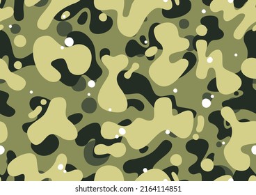 Green camouflage seamless pattern, editable eps vector. Cartoon camo design in jungle olive colors, fashion texture, streetwear graphics.