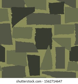 Green camouflage seamless pattern. Сolorful torn paper pieces collage.