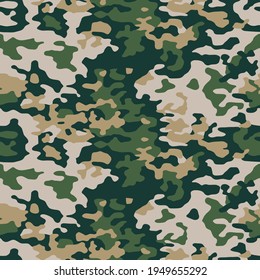 Green camouflage seamless pattern. Vector camo military background. Fabric textile print template.