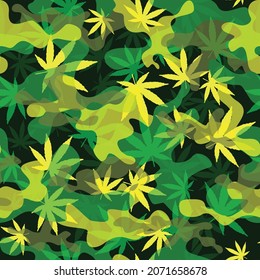 Patrón vectorial sin costuras de camuflaje verde, hojas de cannabis, diseño de moda.