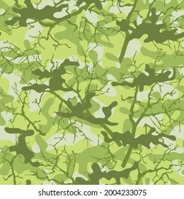 Green camouflage with tree branches. Protected form of clothing. Print for printing.
