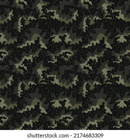 Green camouflage vector dark pattern, seamless military background, texture for hunting, forest print.