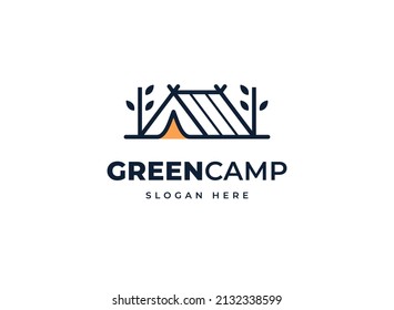 Diseño del logo del logotipo del vector de aventura de la capa de la hoja del campamento verde, diseño del logotipo de la expedición de verano minimalista del árbol de carpas