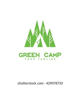 Green camp logo template design with four spruce. Vector illustration.