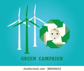 green campaign with electricity plug and wind turbine vector illustration
