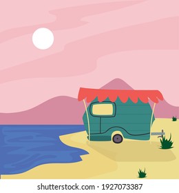 remolque de camper verde en el diseño de la playa de caravana viaje campamento de aventura transporte y tema de viaje Ilustración vectorial