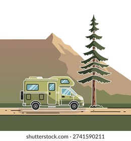 A green camper van parked beside a tall pine tree in front of a mountain