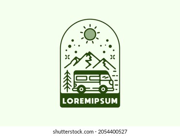 Green campervan line art illustration design