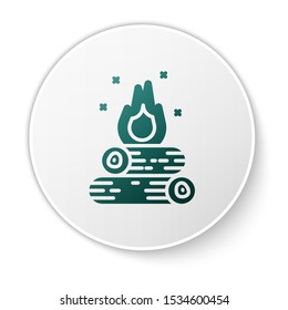 Green Campfire icon isolated on white background. Burning bonfire with wood. White circle button. Vector Illustration