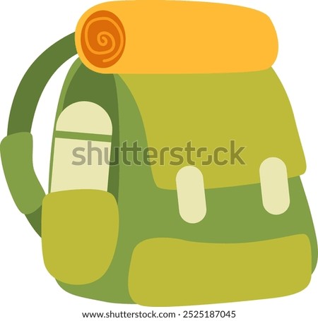 Green camping backpack with a rolled up sleeping bag on top