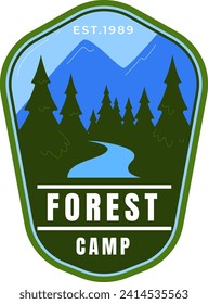 Green camping badge with mountain, pine trees, and river. Outdoor adventure logo, forest camp emblem design. Nature exploration, camping and hiking vector illustration.