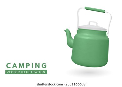 Green camping kettle water boiler isolated on white background. Vector illustration. 3D Camping pot kettle for outdoor enthusiasts, hikers, and survivalists.