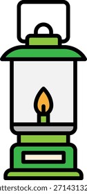 Linterna de camping verde con ilustración de llama encendida